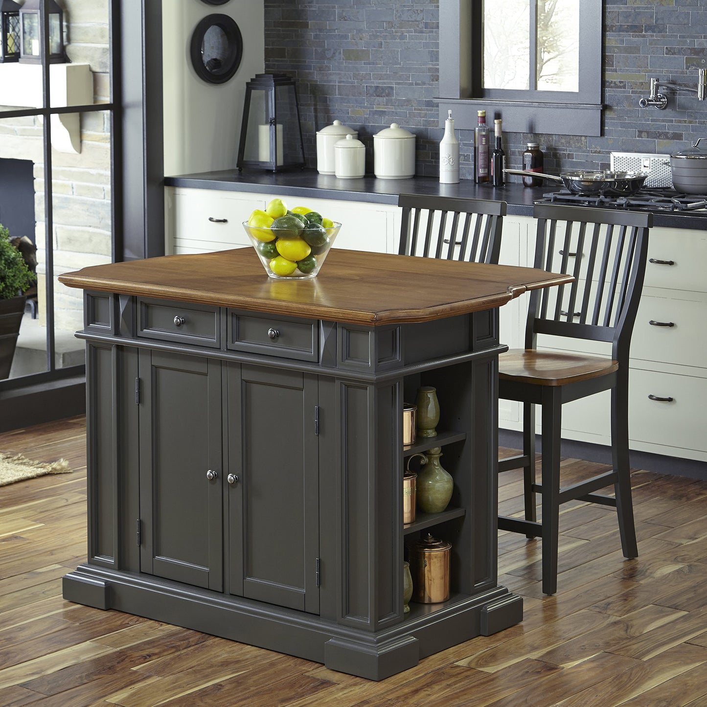 Homestyles Americana Gray Kitchen Island with Drop Leaf Breakfast Bar